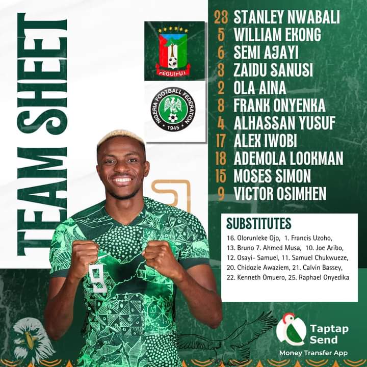 Here are the team sheets of Nigeria and Equatorial Guinea  #AFCON2023  clash

#NGAEQG 
#CAN2023  
#EaglesTracker 🦅🇳🇬
#AFCON2023 
#TotalEnergiesAFCON2023 
#afconwithbetastriker