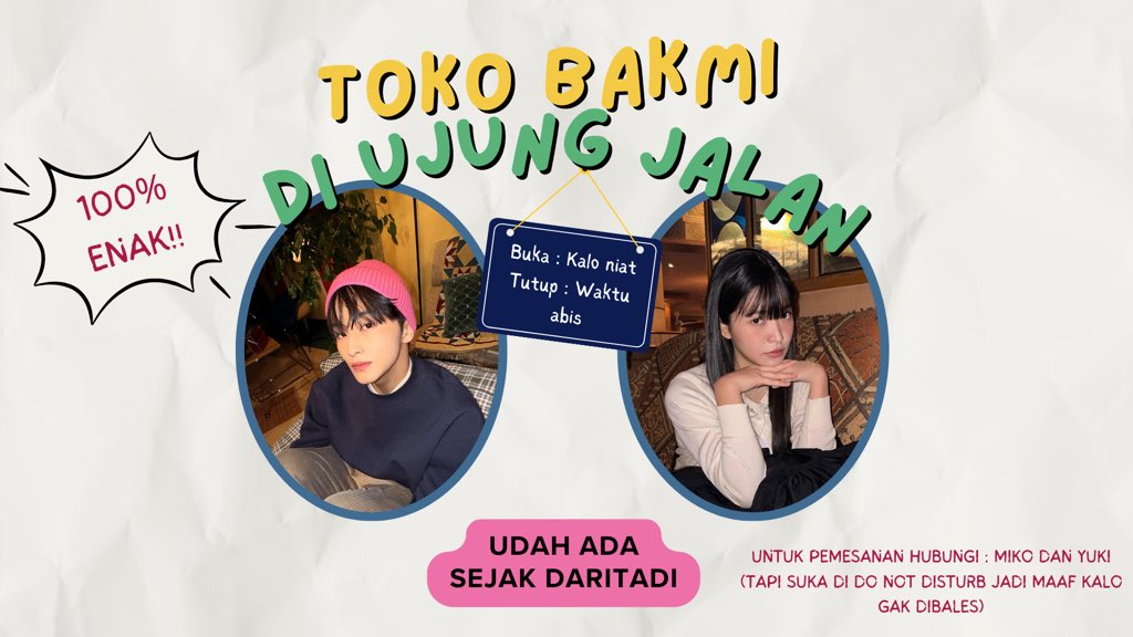 popsvelvett's tweet photo. toko bakmi di ujung jalan
a #markri local short au
-
cerita miko sama yuki, yang tahun ini umur 28, terus sama-sama disuruh nikah. 

miko gak mau nikah karena belom move on, yuki gak mau nikah karena belom nemu yang cocok. terus tiba-tiba mereka kenal, eh.... cocok. https://t.co/oddrrheL2J