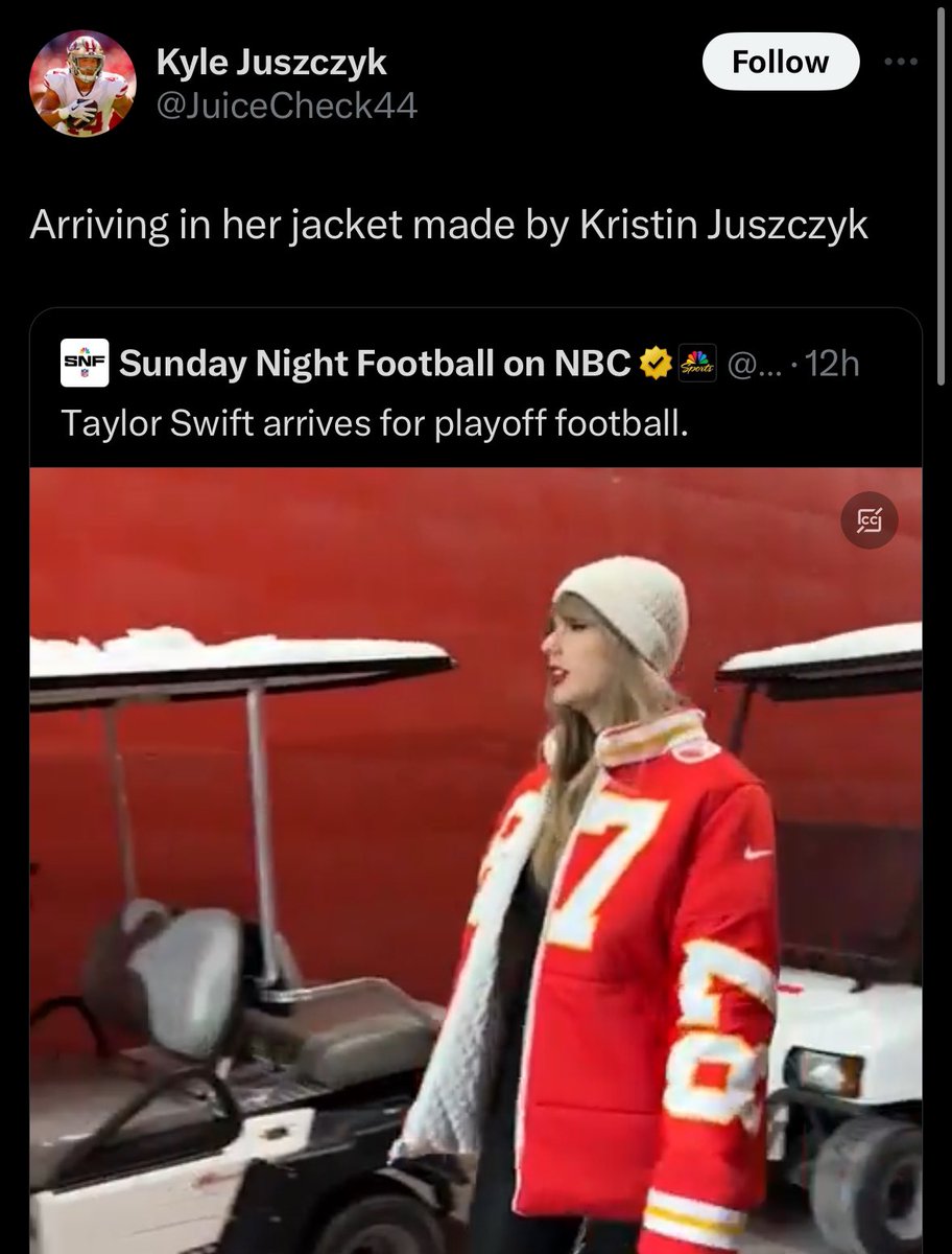 angelamaay's tweet image. get you a man like kyle juszczyk bc he is making sure everyone KNOWS his wife made that jacket for taylor swift