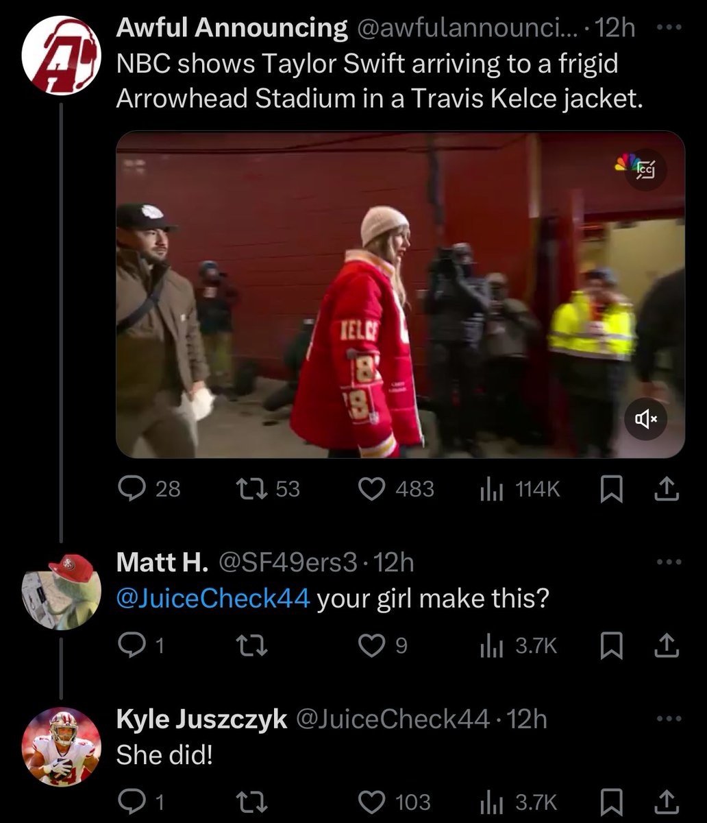 angelamaay's tweet image. get you a man like kyle juszczyk bc he is making sure everyone KNOWS his wife made that jacket for taylor swift