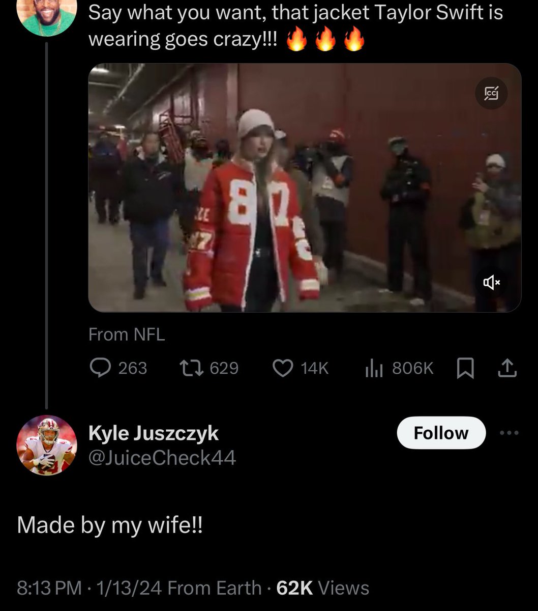 angelamaay's tweet image. get you a man like kyle juszczyk bc he is making sure everyone KNOWS his wife made that jacket for taylor swift