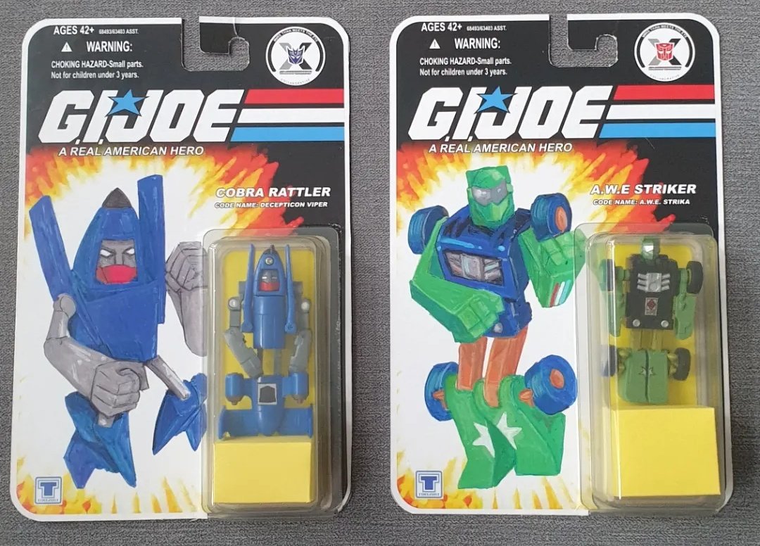 Amazing gifts from some wonderful people. When your collection covers everything, your friends get inventive!

Custom TF x G.I.Joe minibots:
Decepticon Viper &amp; A.W.E. Strika