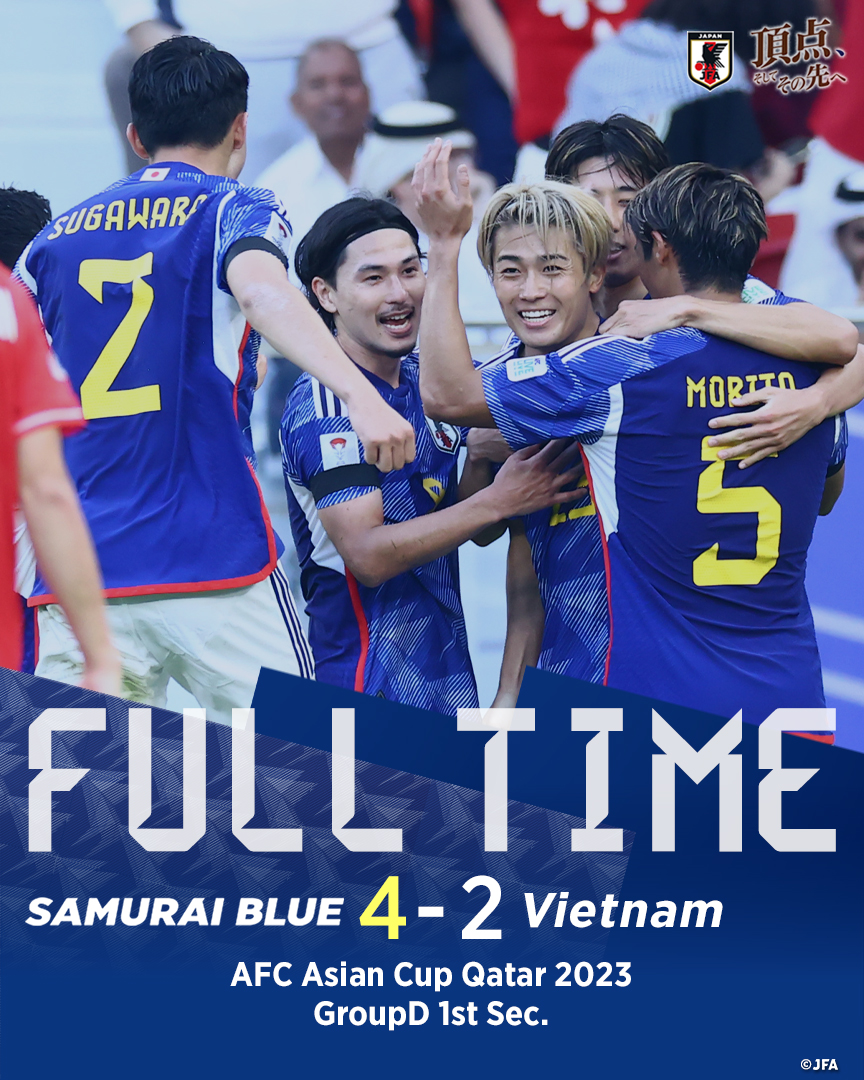 🔹試合終了🔹️

🏆AFC アジアカップ カタール 2023 
⚔️グループステージ第1節
🇯🇵SAMURAI BLUE 4-2 ベトナム🇻🇳

⌚️20:30(🇯🇵)
🔗jfa.jp/samuraiblue/as…

#頂点そしてその先へ
#夢への勇気を #SAMURAIBLUE
#jfa #daihyo #サッカー日本代表
#AsianCup2023 #アジアカップ2023