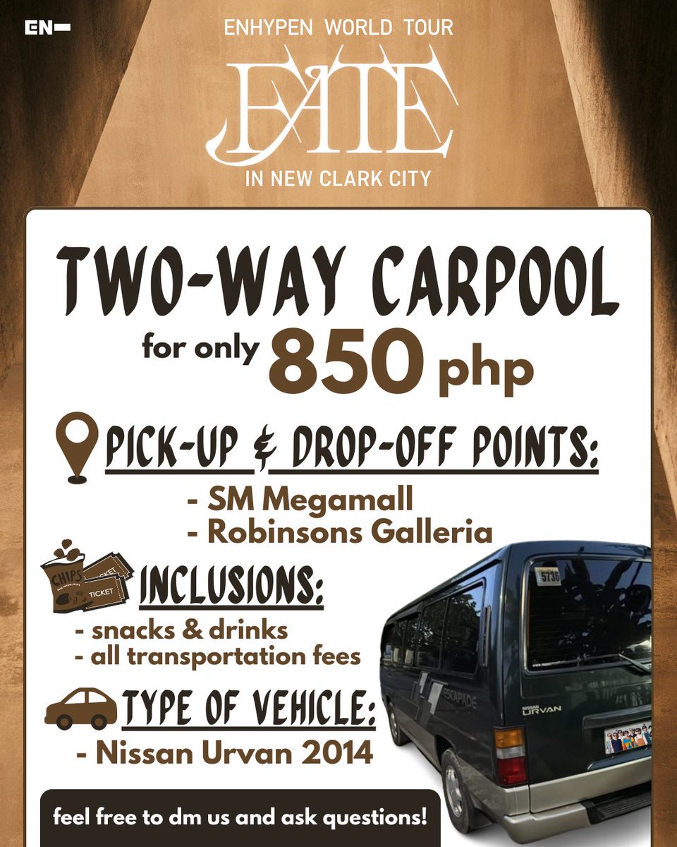 ❕ENHYPEN: Fate World Tour in New Clark City ❕ ↳ Two-Way Carpool for only ₱850 𖥔 February 03, 2024 𖥔 10 pax only !! 𖥔 all transportation fees are included alr feel free to DM US & ASK QUESTIONS^^