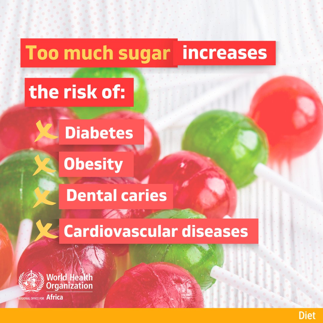 WHOAFRO's tweet photo. ✅WHO recommends a free sugar intake of less than 25g (6 teaspoons) per day.
Be sure to avoid foods that contain high amounts of sugar.

#LetsBeatNCDs https://t.co/cMv0BHBI1b