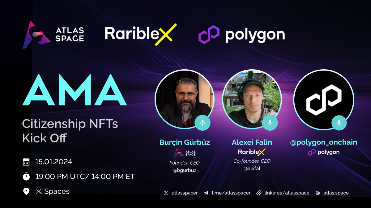Join our exclusive #AMA session with <a href="/bgurbuz/">Burcin Gurbuz</a> <a href="/alxfal/">Alexei Falin</a> and @polygon_onchain discussing the upcoming Citizenship NFT Collection. ▶•၊၊||၊|။||||။‌‌‌‌၊|• 

🎙️ Burçin Gürbüz, Founder &amp; Ceo at <a href="/atlasspacer/">Atlas Space</a> 
🎙️ Alexei Falin, Co-founder &amp; CEO at @Rarible 
🎙️ @polygon_onchain
