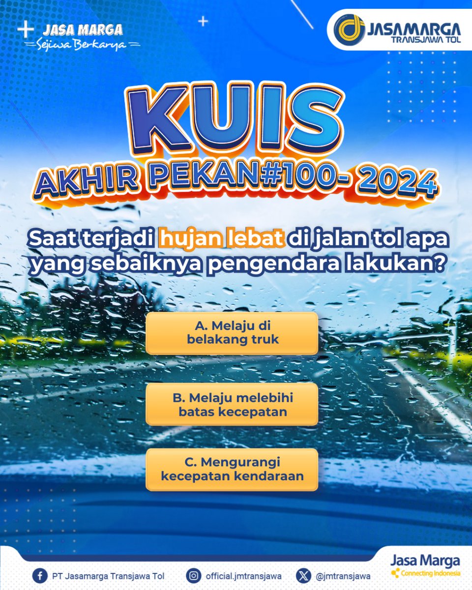 jmtransjawa's tweet photo. It's quizz time...! #KawanJM, kuy ikutan Kuis 100-2024

Syarat berpartisipasi dalam kuis ini sangat mudah. #KawanJM cukup :

1. Like postingan kuis ini
2. Jawab kuis ini dengan benar melalui akun Twitter @jmtransjawa
3. Follow dan subscribe akun media sosial: https://t.co/hqbRvkD1sw