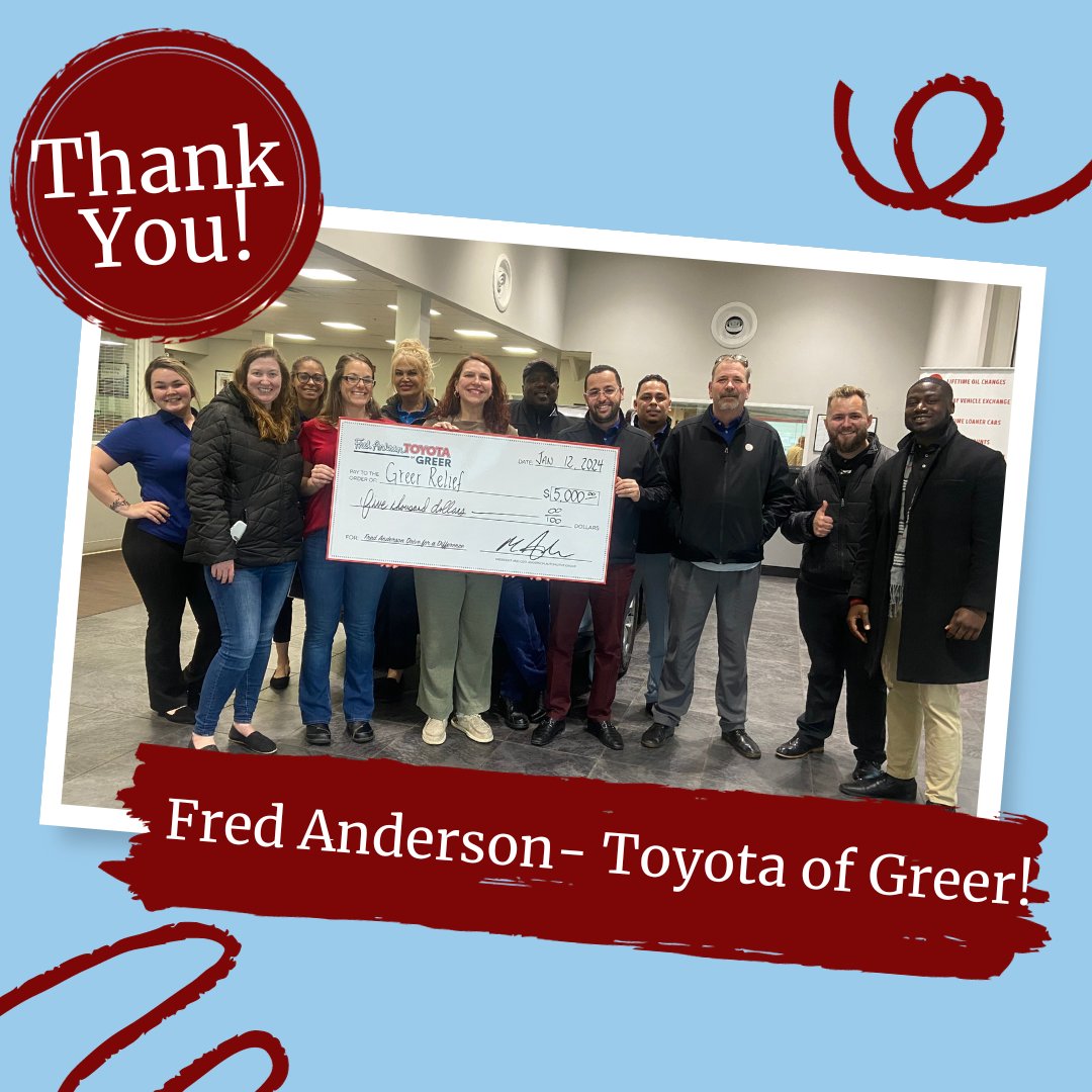 GreerRelief's tweet photo. ๐โ Gratitude Alert! ๐โ๐โ
A heartfelt thank you to Fred Anderson and Toyota of Greer for their generous donation through the Drive for a Difference program๐๐โ
#DriveForADifference #ThankYouFredAndersonToyota #AHandInChange #EveryNeighborMatters https://t.co/fAWeGW6qjH