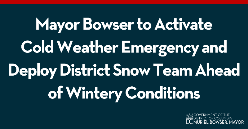 MayorBowser's tweet photo. Get ready, DC!

There may be snow between 11AM-1PM today and we're expecting dangerously low temps Mon-Thur.

If you see someone in need of shelter, call:
📞202-399-7093 or 311
📞911 if there’s an immediate safety risk

We're getting ready for wintery conditions. Make your plan⬇️