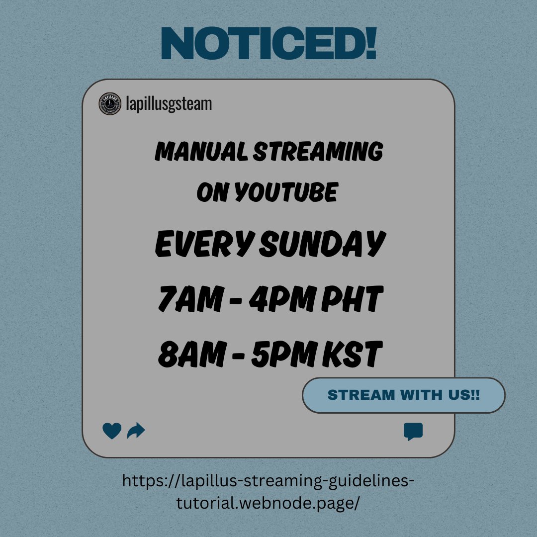 LapillusGSTeam's tweet photo. 📣 [NOTICE]
 Times up! We will end our Mass Streaming on YouTube here Lapis!

Join us next Sunday, there will be some changes on the time schedule as per concerns. ☺️
Keep streaming if u have Free time!

#LapisOnYoutube
#LAPILLUS_STREAM
#Lapillus #라필루스 @offclLapillus https://t.co/6zqRnLzbyw