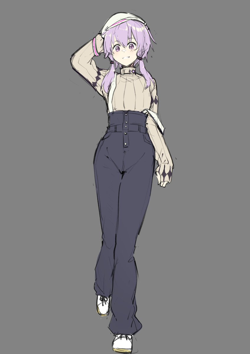 yuzuki yukari 1girl solo pants purple hair hat purple eyes white headwear  illustration images