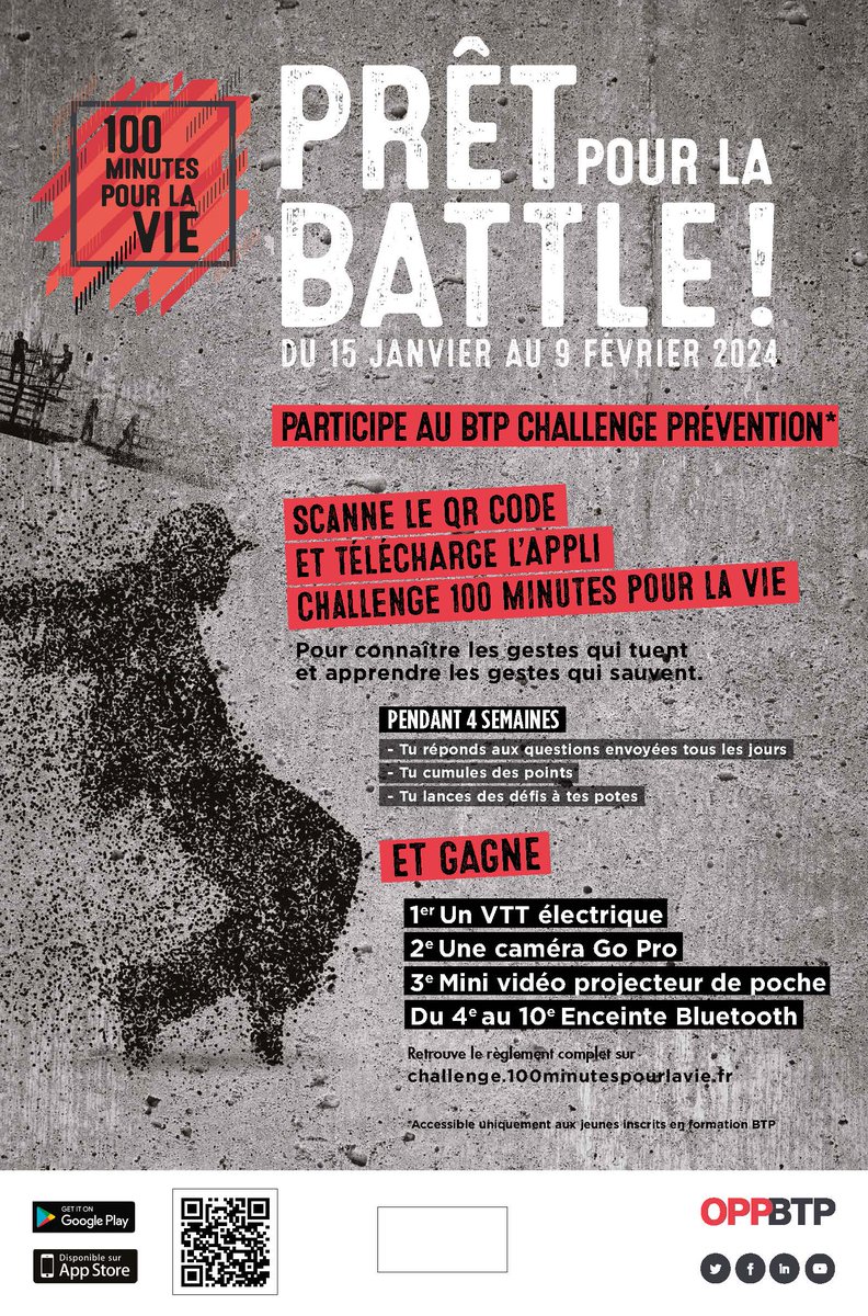 « 100 minutes pour la vie » du 15/01 au 09/02/2024. Pour la 4ème année consécutive, les élèves et apprentis du BTP, mais également le corps enseignant et les équipes éducatives des établissements sont invités à se mobiliser autour de ce challenge mobile. Prêt pour la Battle ?