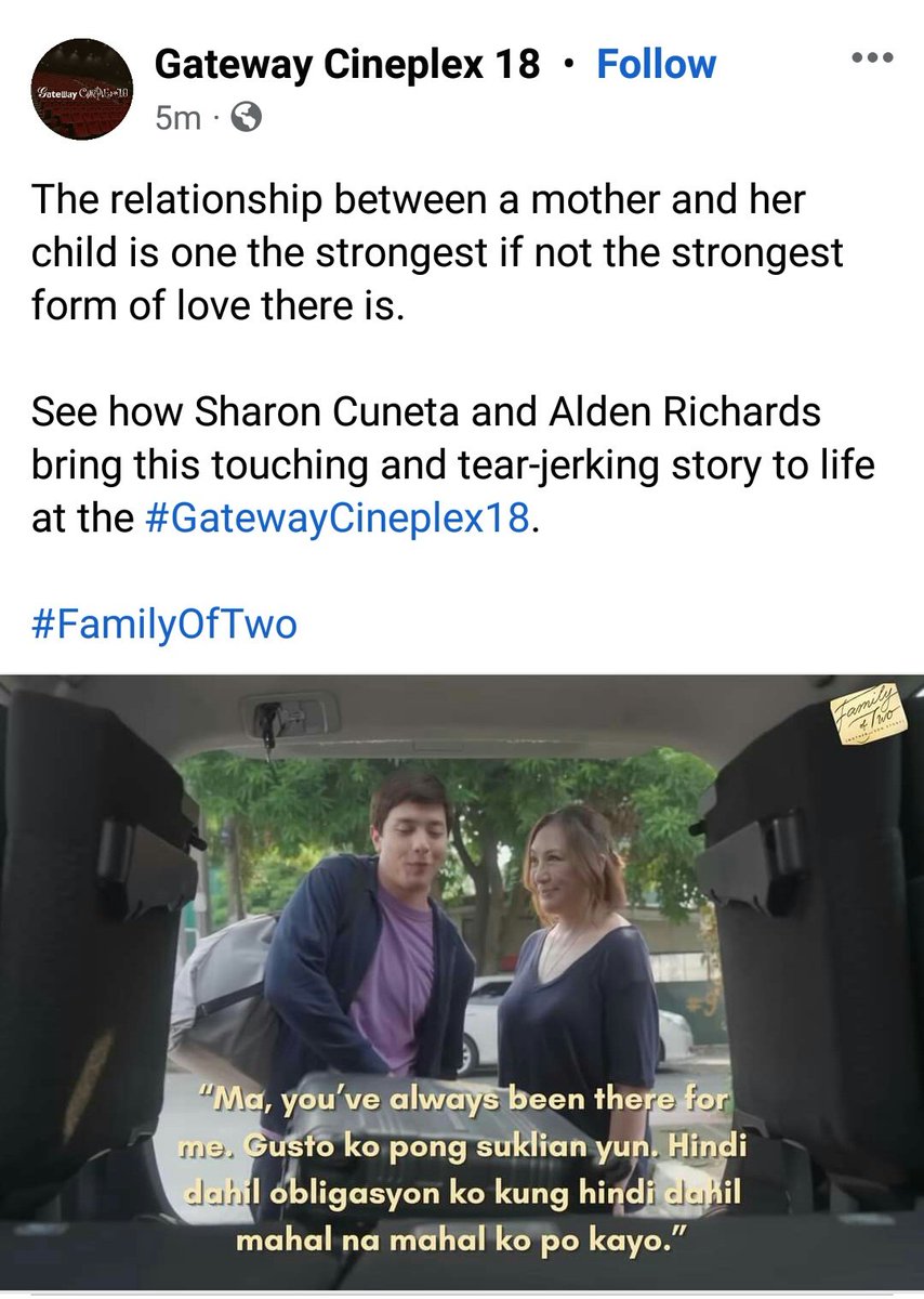 The relationship between a mother and her child is one the strongest if not the strongest form of love there is.

See how Sharon Cuneta and Alden Richards bring this touching and tear-jerking story to life at the #GatewayCineplex18.

#FamilyOfTwo