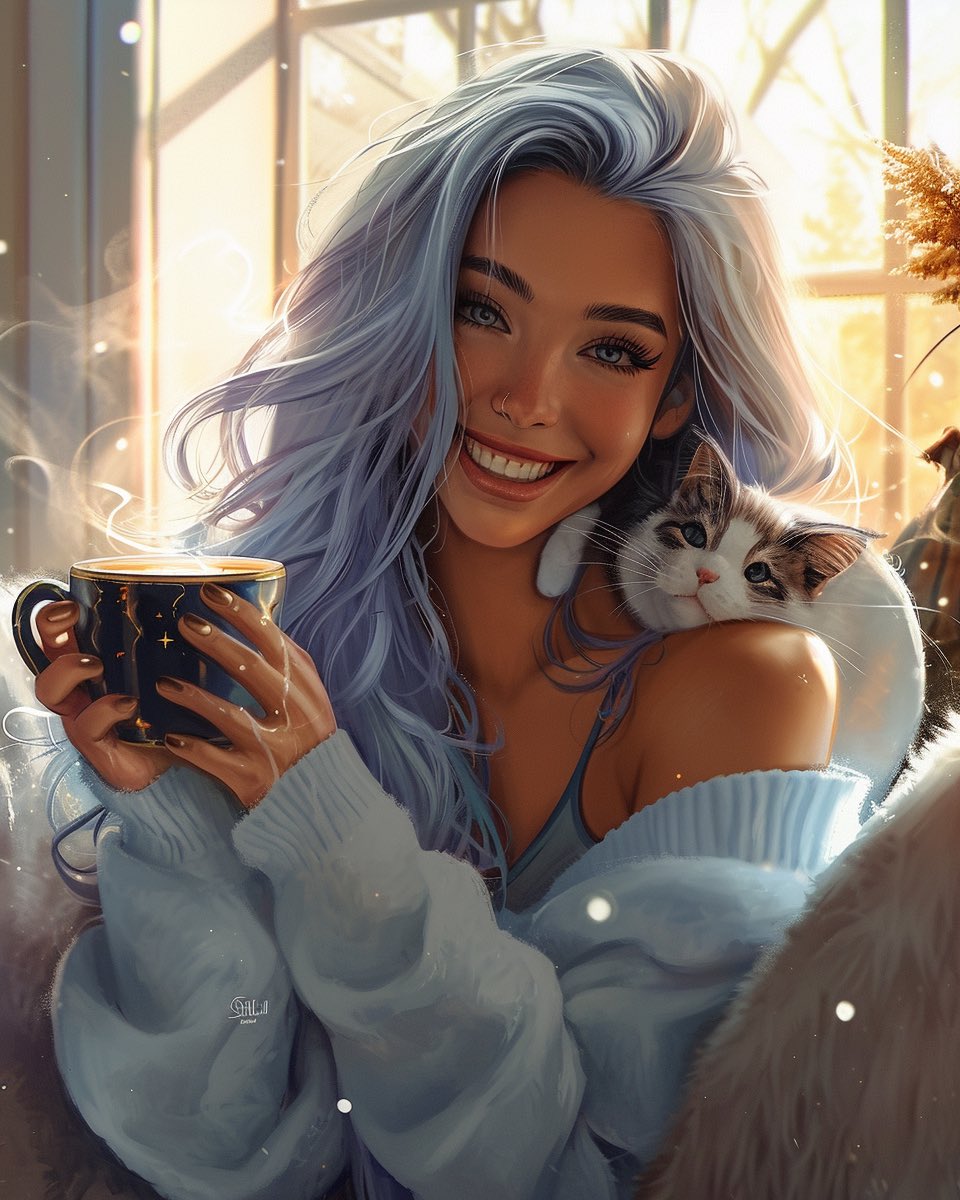 Good morning. ☀️☕️🐾 I hope your day wonderful. 🥰

This blue-haired girl looks happy, The cat looks grumpy though.😂

Do you have any AI artwork with blue in it? 💙 Please quote tweet or share below if you do.  

#bluehair #aiart #aiartcommunity #midjourney6