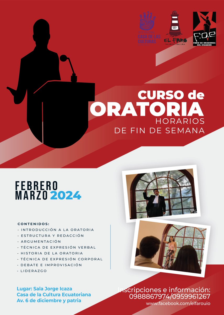 ElFaroEc's tweet photo. En #Quito
El Taller de Oratoria El Faro nos invita a participar del Curso de Formación de Oradores, que se realizará del 03 de febrero al 30 de marzo de 2024, en Sala Icaza, de la Casa de la Cultura Ecuatoriana. Te esperamos.📷
￼
📷Información: https://t.co/e9bv7r5888 https://t.co/wVN7xZGBwy