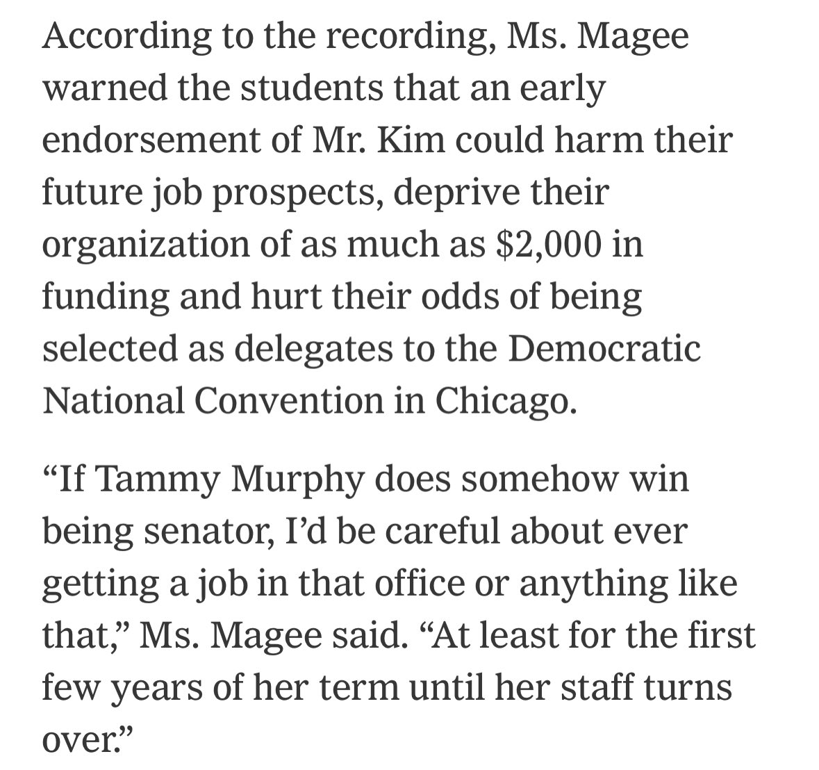 Rule #1 of dirty machine politics is you don’t talk about dirty machine politics

Rule #2: if you must talk about it, don’t let yourself get RECORDED.

Someone working for the Tammy campaign screwed up big time, and got recorded threatening the College Dems not to endorse Andy.