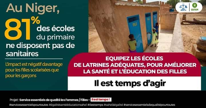 Décideurs étatiques, partenaires techniques et financiers du Niger,
 Il est temps d’investir solidement dans  l'éducation. Nos écoles doivent être équiper de latrine Adéquat .
#campagnedigitale 
#ServicesEssentielsPourToutes_IlsEstTemps
Sahel Égalité - 227 
Wildafniger 
Oxfam