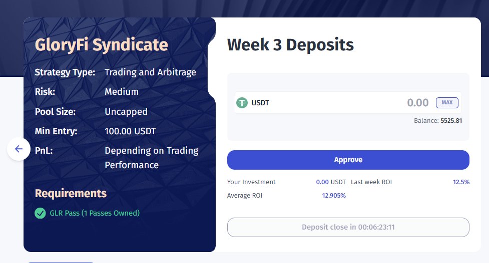 #GloryFinance Syndicate Week 3:

Deposits for week 3 are now open! 👇👇

app.gloryfinance.io/invest/syndica… 

6 hours until Deposit closing time!! Hurry up ⏰