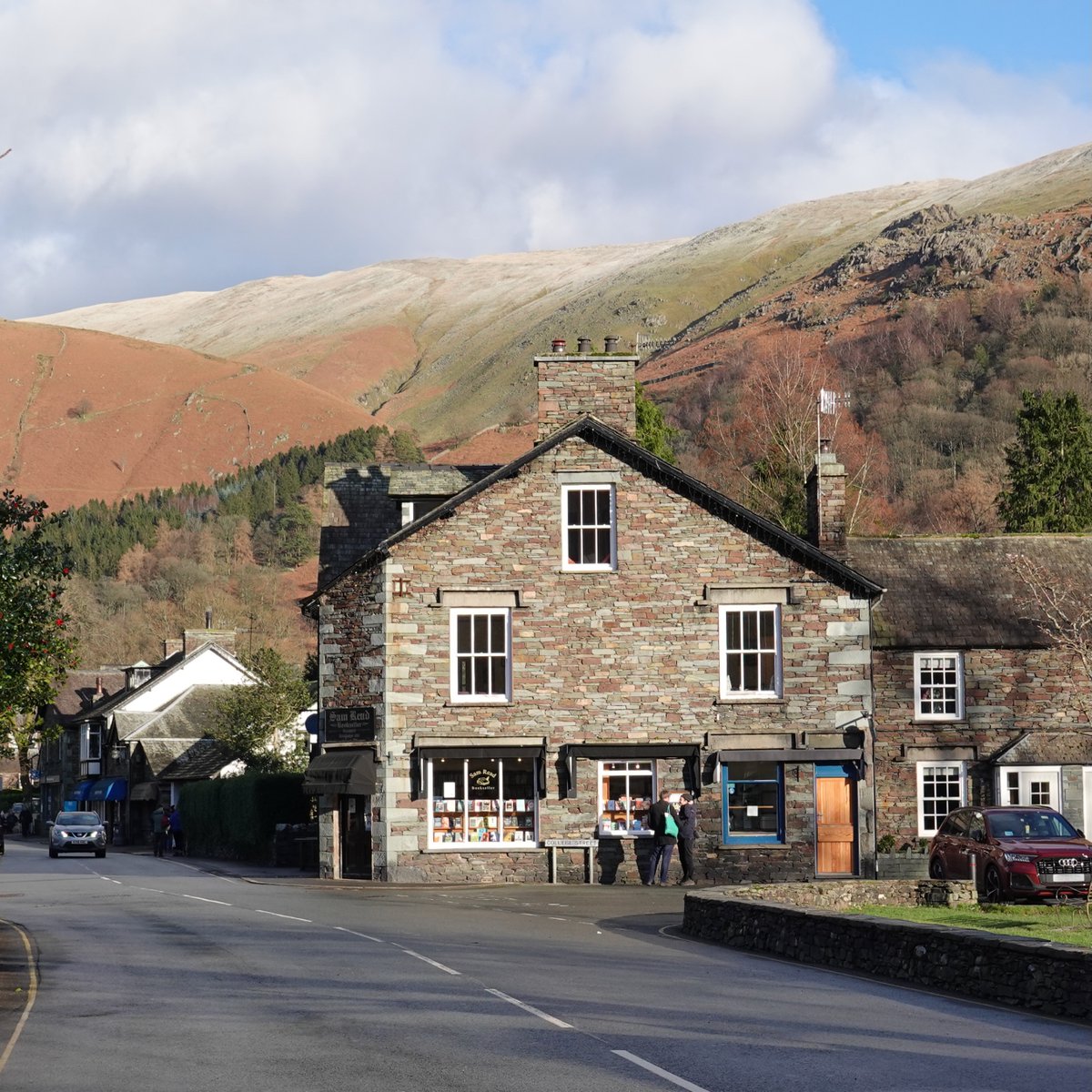 Afternoon sunshine on the bookshop in winter