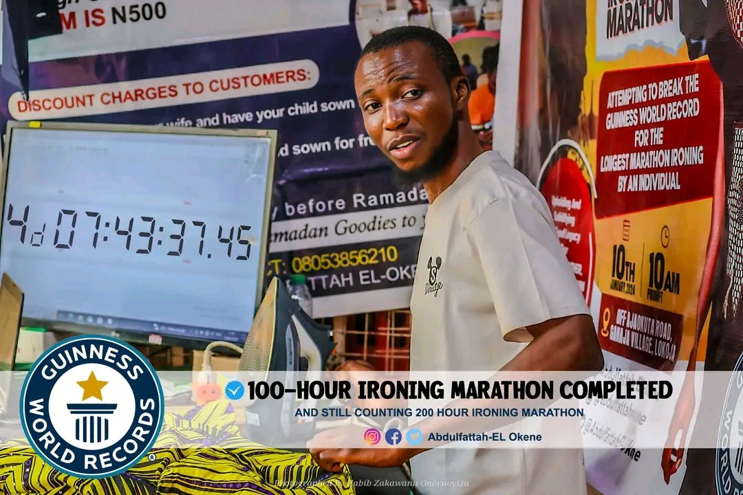 Muhammadfa21871's tweet image. Breaking News: Abdulfattah El-Okene just broke the 100hrs ironing marathon Guinness World Records Congratulations to Kogi State, Ebira Nation and Nigeria at large.
Now on the quest for another 100hrs.
Your prayers are needed.
Kindly follow our page Ebira Kaneri 
Thank you all