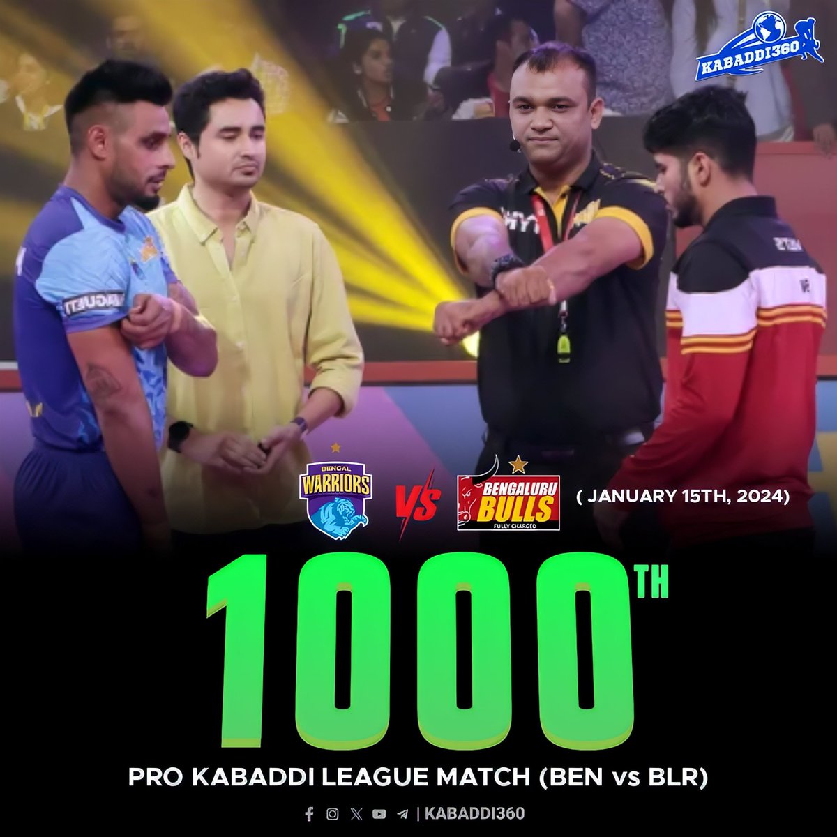 Kabaddi_360's tweet photo. On January 15, 2024, a historic day is set for the 1000th match of the Pro Kabaddi League, where Bengal Warriors will compete against Bengaluru Bulls.
.
.
.
.
.
#1000thmatch
#BENvsBLR
#Prokabaddi #pkl2023
#pklseason10
#kabaddi360 https://t.co/hVHe1daHiY