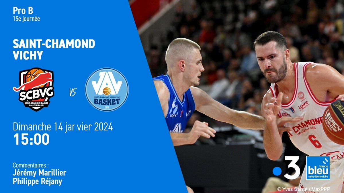 🏀 VIDÉO - Pro B : Saint-Chamond reçoit Vichy, suivez la 15e journée en simultané à la radio et à la télé sur @bleustetienne et <a href="/F3Rhone_Alpes/">France 3 Rhône-Alpes</a> <a href="/F3Auvergne/">France 3 Auvergne</a> 

l.francebleu.fr/yNOy 
#FBsport #SCBVGJAV #ProB @SCBVG <a href="/jav_basket/">JA Vichy Basket</a>