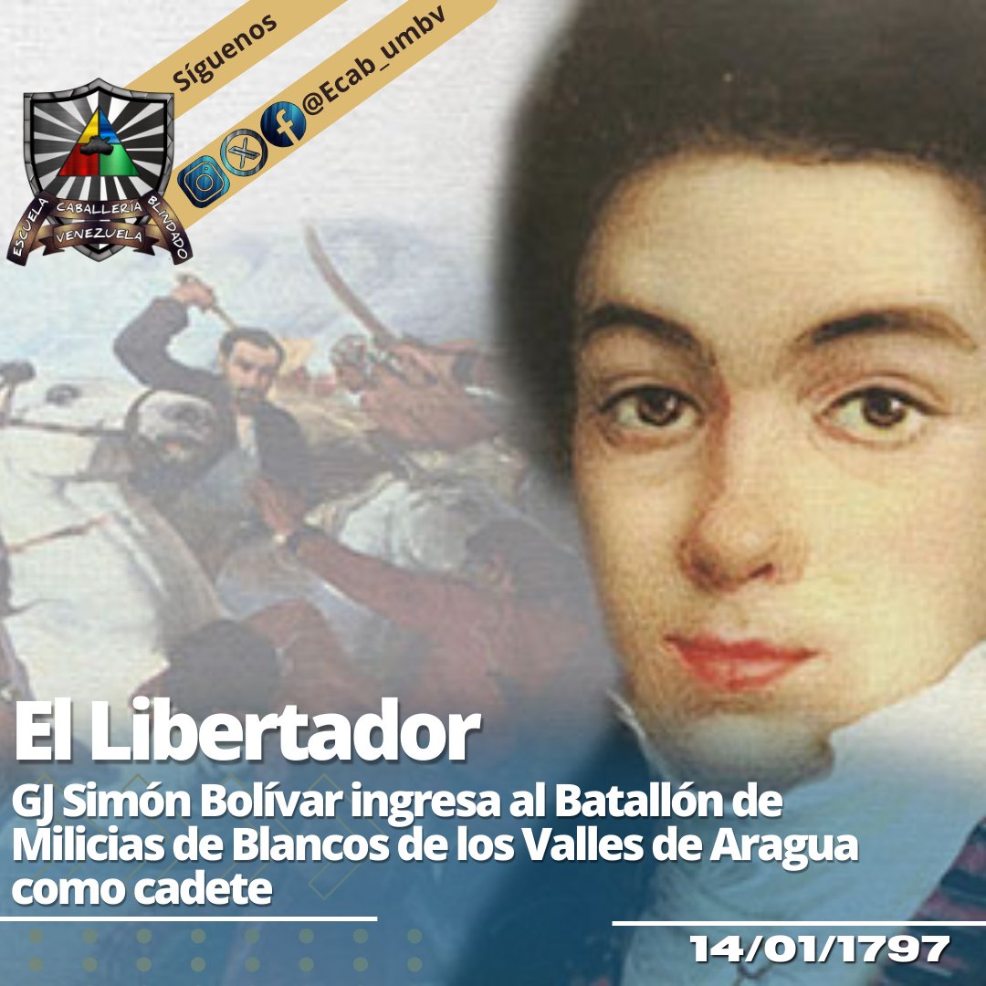 📃#14Ene || En 1797 nuestro Libertador GJ Simón Bolívar inició su carrera militar al ingresar al Batallón de Milicias de Blancos de los Valles de Aragua como cadete, donde gracias a su sobresaliente rendimiento fue ascendido a subteniente.
#VenezuelaEnUniónYPaz