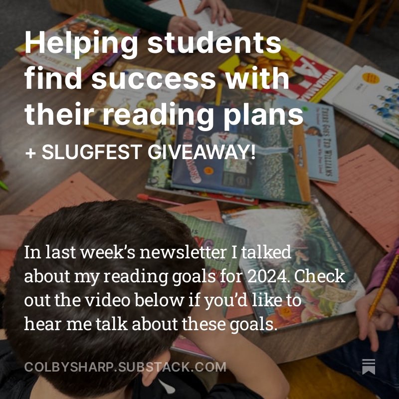colbysharp's tweet photo. In today’s newsletter I talk about helping my readers develop and thrive with their reading plans. 

BONUS: I’m also giving away a copy of Korman’s new book SLUGFEST. 

https://t.co/Mvk3udCnwj https://t.co/3UfjGGLyTB