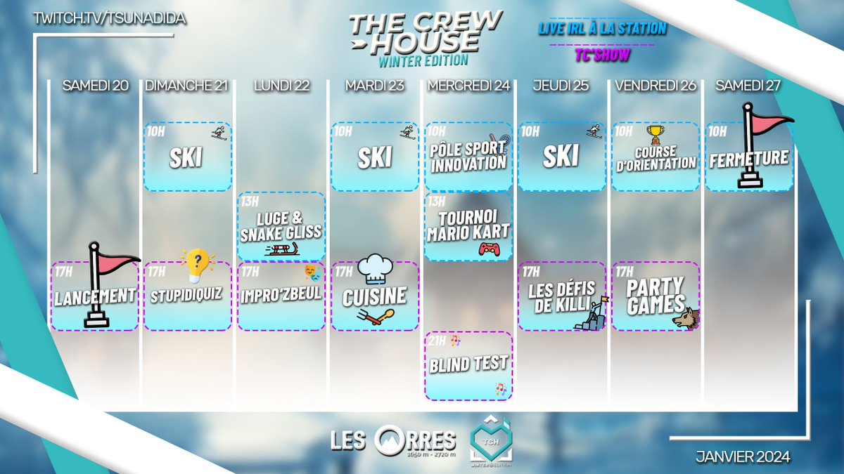 Vous l'attendiez tous... LE PROGRAMME DE LA TCH ! 📅
Pleins d'activités IRL diverses et variées proposées par la station <a href="/les_Orres/">Les Orres</a> ✨ Et des émissions cosy au coin du feu ⛄ La compétition va être rude...
Rendez-vous du 20 au 27 janvier pour suivre nos exploits ! #TCH