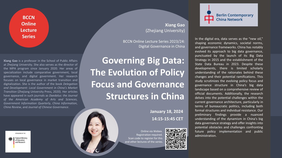 Join us on Jan 18 to discuss with Xiang Gao the dynamics of China's big data governance strategy!
🗓️Thursday January 18, 14:15-15:45 CET 
Register here: fu-berlin.webex.com/webappng/sites…