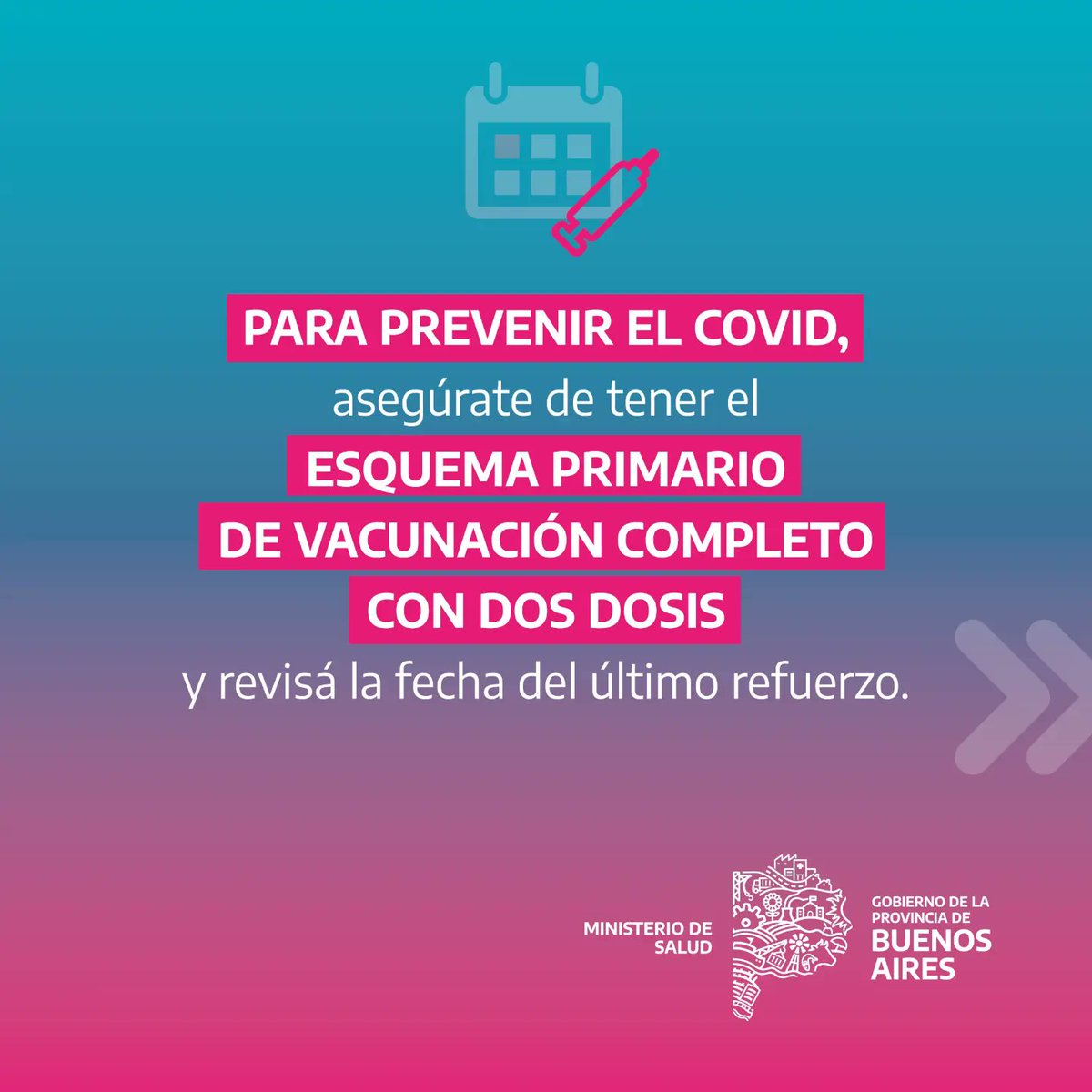 Vacunación Covid 💉 | ¿Tenés tu esquema primario completo y los refuerzos correspondientes aplicados? 

Para prevenir el contagio, chequeá si estás al día 👇🏼.