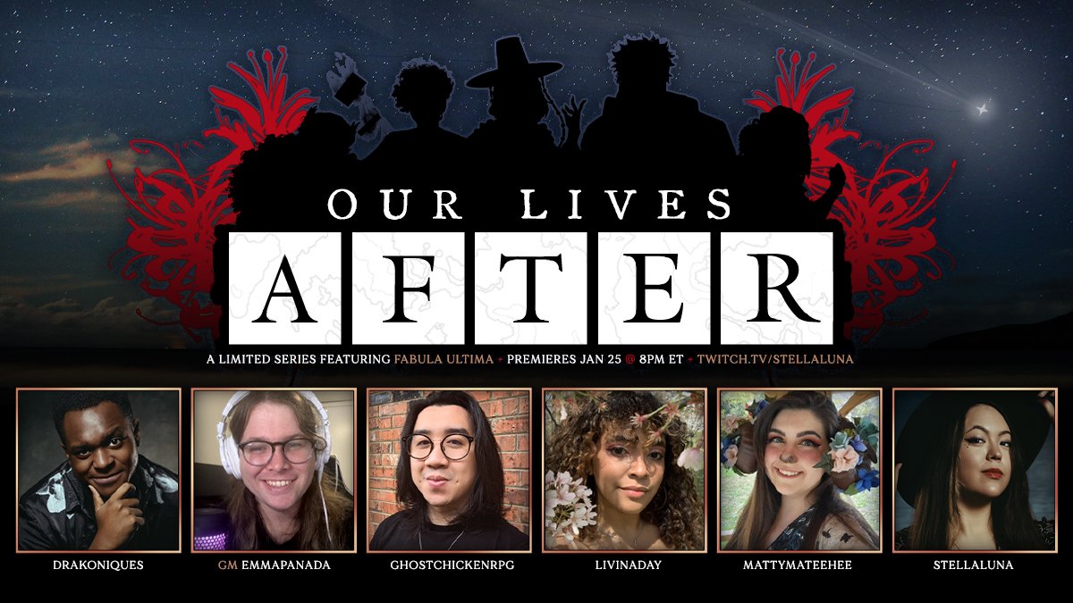Premiering Thursday, January 25th @ 8pm Eastern — #OurLivesAfter, a six episode limited series featuring Fabula Ultima by @RoosterEma ✨ Our story follows five lost souls who reunite after great tragedy in a world where *almost* anything is possible... 🥀