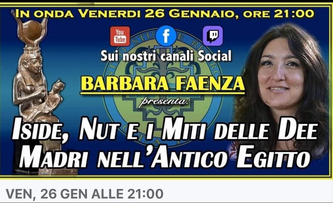 BarbaraFaenza1's tweet photo. Vi aspetto il 26 gennaio alle ore 21:00 per parlare di religione egizia tutta al femminile. 
Grazie a Corinna Zaffarana per il graditissimo invito! https://t.co/dAMDOPPwln