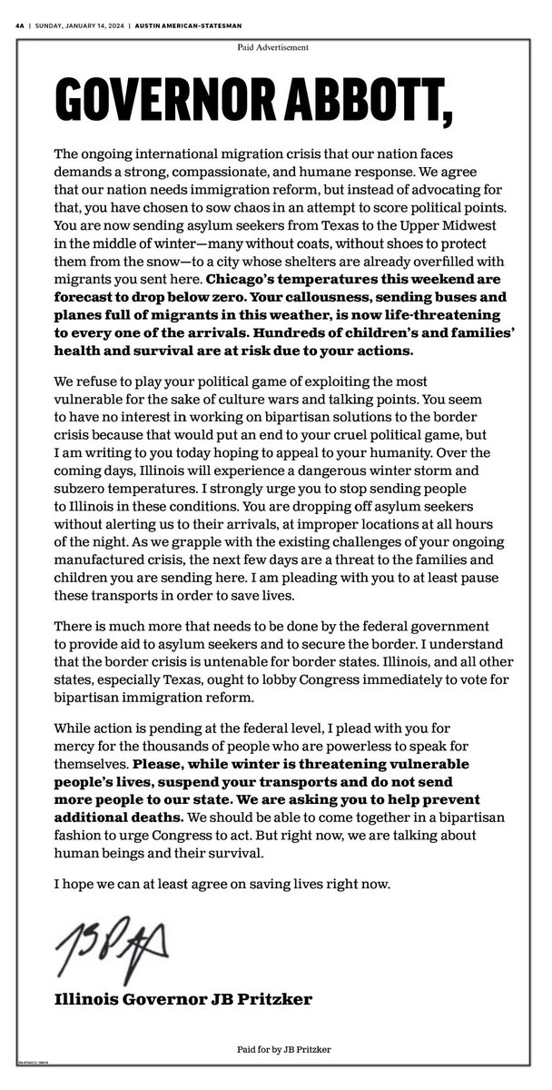 NEW: Here’s the full-page ad published in today’s <a href="/statesman/">Austin Statesman</a> from Illinois Gov. J.B. Pritzker to Texas Gov. Greg Abbott imploring him to stop sending migrants to frigid Chicago. “Your callousness…is life-threatening.”
Abbott tells us he’s denying the ask:
tinyurl.com/5bydumdt
