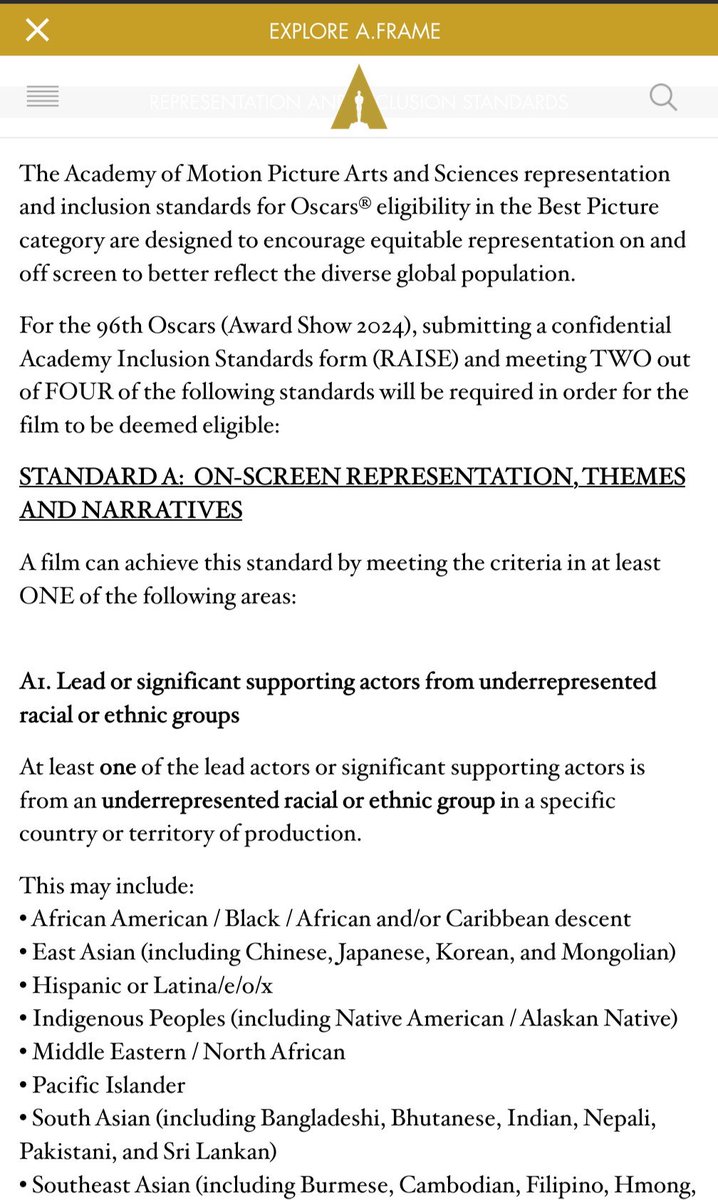 one of the ways the virtue-signal monoculture destroys art is that films are not even eligible for Oscar Awards unless the film meets diversity standards (like having 'underrepresented' minority leads)