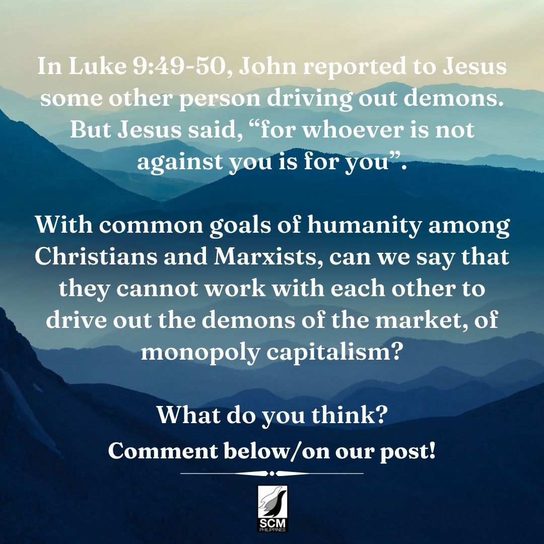 SCMPhilippines's tweet photo. Some people were surprised at a recent dialogue between Pope Francis and Marxists

With common goals of humanity among Christians and Marxists, can we say that they cannot work with each other to drive out the demons of monopoly capitalism?

What do you think? Comment below! https://t.co/uYDRtc06XP