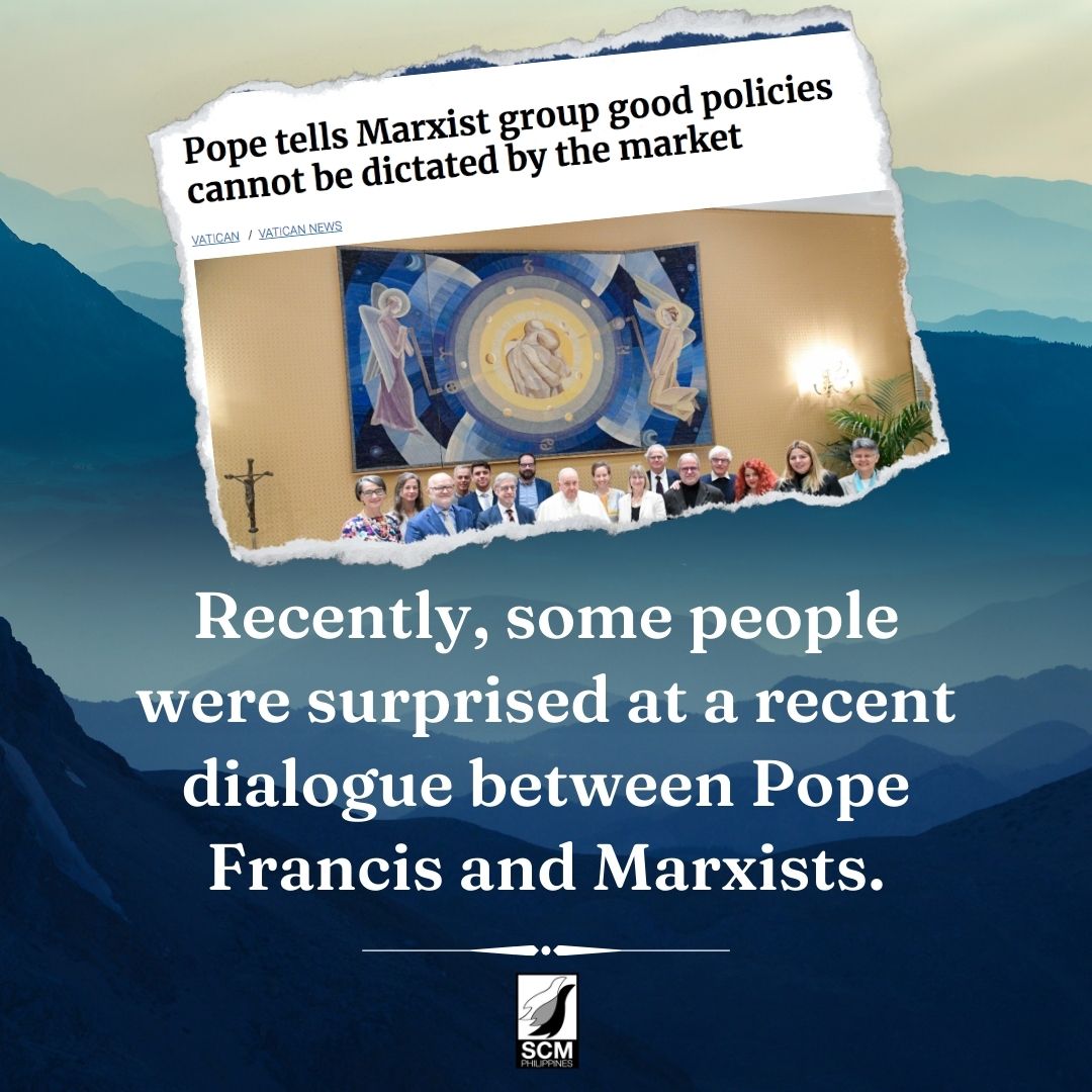 SCMPhilippines's tweet photo. Some people were surprised at a recent dialogue between Pope Francis and Marxists

With common goals of humanity among Christians and Marxists, can we say that they cannot work with each other to drive out the demons of monopoly capitalism?

What do you think? Comment below! https://t.co/uYDRtc06XP