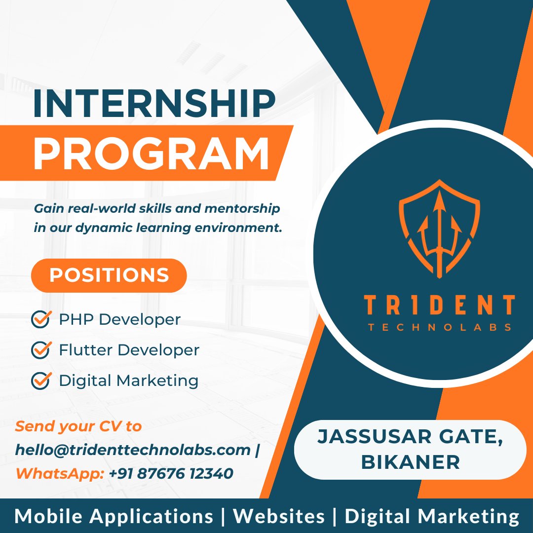 TridenTechnoLab's tweet photo. Are you looking for internships in Bikaner where you can learn under industry experts and become an industry-ready professional?
#bikaner #webdevelopment #appdeveloper #appdevelop #webdesign #DigitalMarketing https://t.co/7YGcB3N3cB