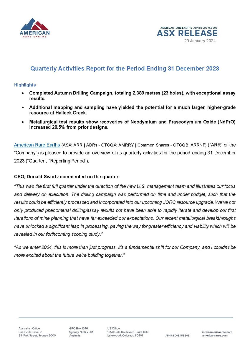 ARRLimited's tweet image. American Rare Earths (ASX: ARR | ADRs - OTCQX: AMRRY | Common Shares - OTCQB: ARRNF) is pleased to provide an overview of its quarterly activities for the period ending 31 December 2023.

Read more: buff.ly/3UhGjGQ

$ARR
