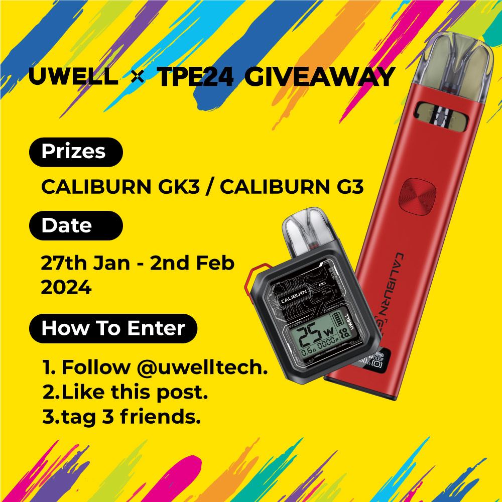 ✨ UWELL X TPE GIVEAWAY ✨ We‘ve got a TPE24 online event just for you, with a chance to win exquisite prizes - CALIBURN G3 and CALIBURN GK3! 🎁 How To Enter: 1️⃣ Follow @uwelltech. 2️⃣ Like this post 3️⃣ Tag three friends. 🗓Date: Jan 27th - Feb 2nd, 2024 🎁Przies: G3 , GK3