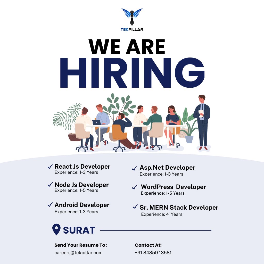 🌟 Join the Tekpillar Team in Surat as a Software Developer! 🚀

#TechJobs #SoftwareDevelopment #JobOpportunity #SuratJobs #DeveloperJobs #ReactJS #NodeJS #ASPdotNET #AndroidDeveloper #WordPress #MERNStack #ITCareer #CodingLife #SoftwareEngineer #JobSearch #CareerOpportunity