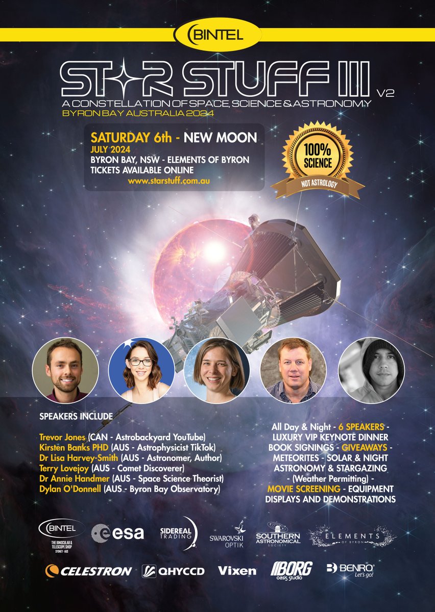 erfmufn's tweet image. Join me, @AstroBackyard, @AstroKirsten, Dr Lisa Harvey-Smith, @AnnieHandmer &amp;amp; @TerryLovejoy66 in Byron Bay 6th July 2024) for a beer! 🍷And space, and stuff. Thx to @BintelShop @esaoperations @Celestron @QHYCCD @SwarovskiOptik Vixen, Borg, Benro, SAS &amp;amp; @ElementsofByron TICKETS :…