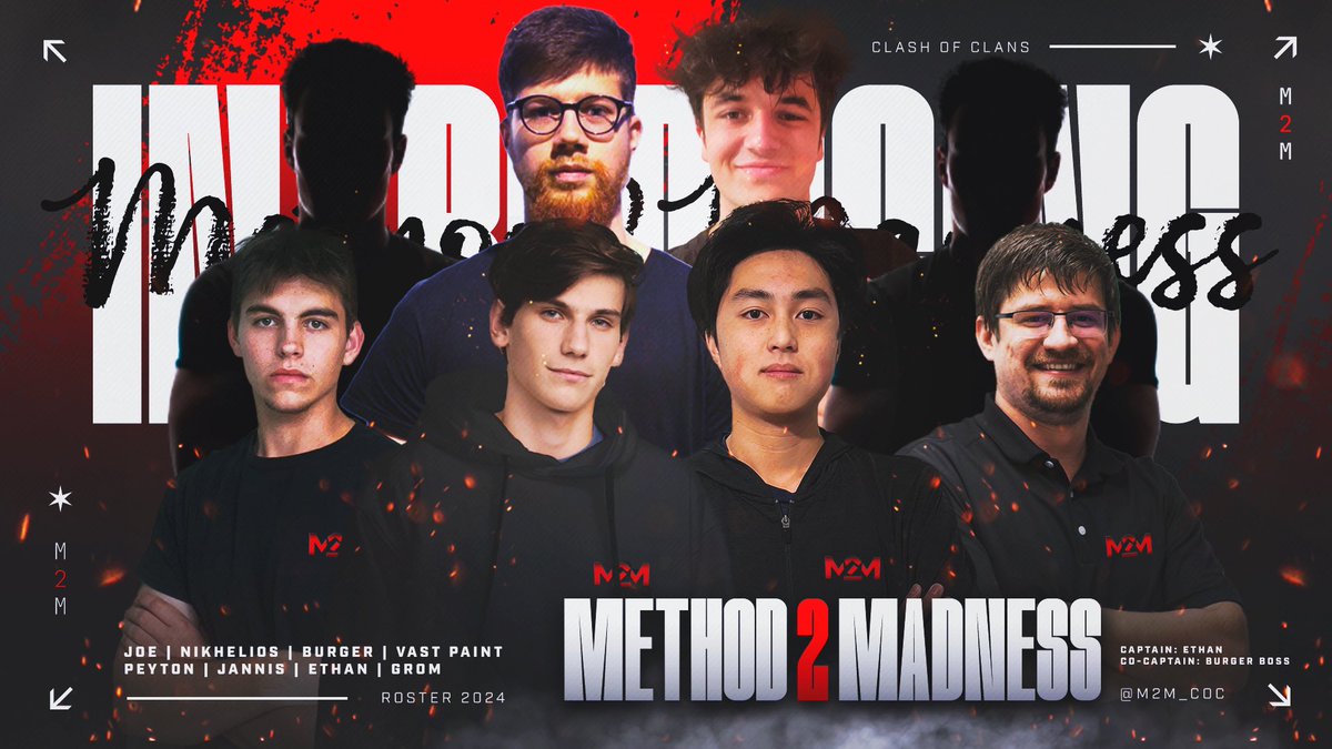 TGG_Madness's tweet image. Time has come to announce the Method2Madness NA Lineup for 2024!

Roster
▪️@Ethan_Slimeify (C)
▪️@BurgerBosss (Co C)
▪️@JannisssINQ
▪️@NIKHELIOS_coc_ 
▪️@Peyton_GT 
▪️@DragBatGod 
▪️@CrazyJoe609 
▪️@Vast_Paint 

Managers
▪️@MarsMilkyWay2
▪️@Bluefla54958305

Graphics
▪️@shafitampo