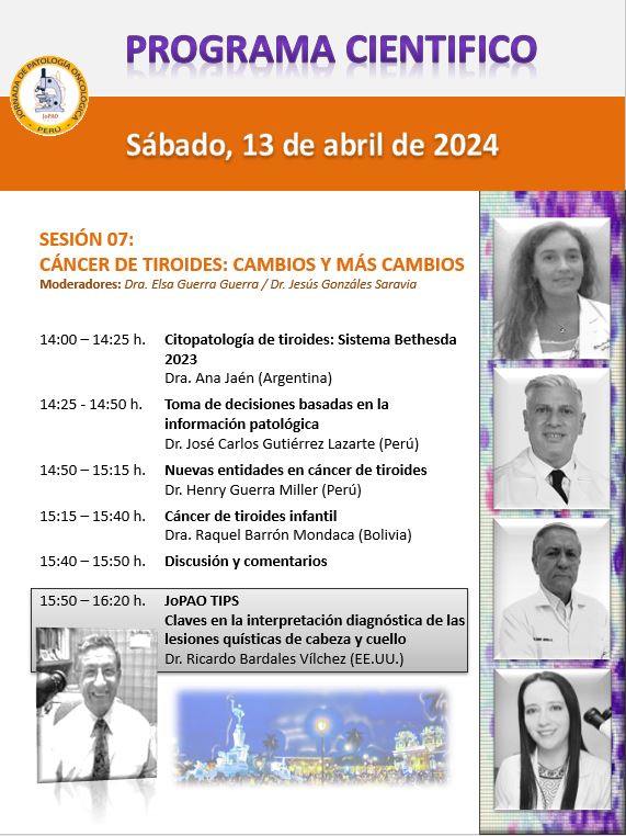 JoPAO Peru (@jopao_peru) on Twitter photo Turno del bloque de Cabeza y Cuello; en esta edición hablamos de Cáncer de Tiroides.
Este 11, 12 y 13 de abril de 2024, los esperamos...
<a href="/milyabadli/">Milagros Abad-Licham</a> <a href="/Sandro_CZ/">Sandro Casavilca-Zambrano</a> <a href="/ElsisCg/">Elsa Cristina Guerra</a> <a href="/MagaliMarcy/">Magali Marcy Franco Benites</a> <a href="/corinacu16/">Corina Castañeda</a> <a href="/Dra_Cells/">Caddie Laberiano-Fernández, MD, FIAC</a> <a href="/AndricGuerrero/">Andric Guerrero</a> <a href="/raquelbarron/">Raquel Barrón</a> Turno del bloque de Cabeza y Cuello; en esta edición hablamos de Cáncer de Tiroides.
Este 11, 12 y 13 de abril de 2024, los esperamos...
<a href="/milyabadli/">Milagros Abad-Licham</a> <a href="/Sandro_CZ/">Sandro Casavilca-Zambrano</a> <a href="/ElsisCg/">Elsa Cristina Guerra</a> <a href="/MagaliMarcy/">Magali Marcy Franco Benites</a> <a href="/corinacu16/">Corina Castañeda</a> <a href="/Dra_Cells/">Caddie Laberiano-Fernández, MD, FIAC</a> <a href="/AndricGuerrero/">Andric Guerrero</a> <a href="/raquelbarron/">Raquel Barrón</a>