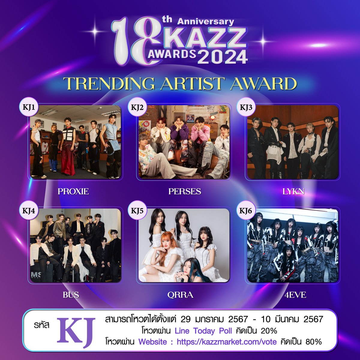 Kazzmagazine's tweet image. 10.) KJ รางวัลศิลปินกลุ่มมาแรง Trending Artist Award

KJ1 PROXIE
KJ2 PERSES
KJ3 LYKN
KJ4 BUS because of you i shine
KJ5 QRRA
KJ6 4EVE

#KAZZAWARDS2024 #KAZZAWARDSxLINETODAYPOLL