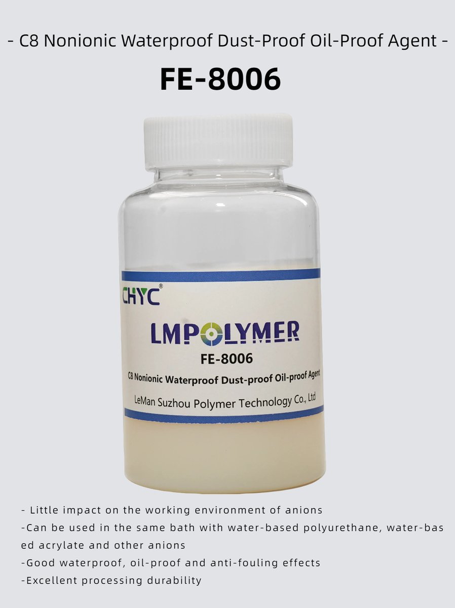 LemanPolymer's tweet image. FE-8006 is a fluorocarbon polymer emulsion based on C8 structure.

It has very low surface tension and can give fabrics good waterproof, oil, and stain resistance.

Email：info@lemanpolymer.cn
WhatsApp：+86 17351128198
#Nonionic #waterproof #Carbon  #fabric #textile #Polyester