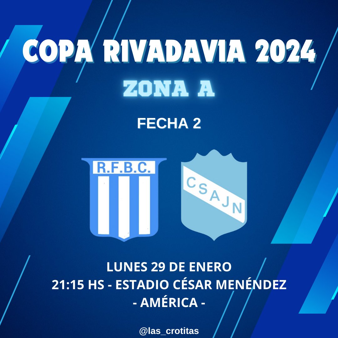 LasCrotitas's tweet photo. #CopaRivadavia2024🏆 | ¡Próximo partido! 🔜

🗓️ Lunes 29 de enero
🕘 21:15 hs
👥 Racing Foot Ball Club
🏟️ Estadio César Menéndez
📍 América

#VamosCrotitas💪🏼 https://t.co/iPTRwAhS2L