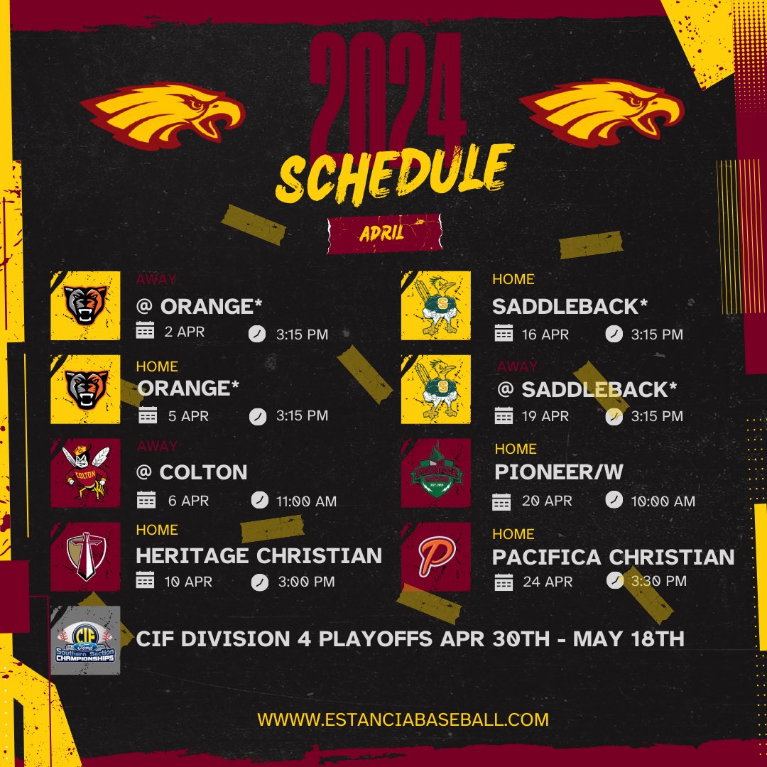 Estancia HS Baseball (@estanciahs_bb) on Twitter photo 2024 Estancia Baseball Schedule.
<a href="/EstanciaSports/">Estancia High School Athletics</a> <a href="/mjszabo/">Matt Szabo</a> <a href="/AndrewTurnerTCN/">Andrew Turner</a> <a href="/OCSportsZone/">OC Sports Zone</a> <a href="/TimBurtIrvine/">Tim Burt</a> <a href="/SteveFryer/">Steve Fryer</a> <a href="/ocvarsity/">ocvarsity</a> 2024 Estancia Baseball Schedule.
<a href="/EstanciaSports/">Estancia High School Athletics</a> <a href="/mjszabo/">Matt Szabo</a> <a href="/AndrewTurnerTCN/">Andrew Turner</a> <a href="/OCSportsZone/">OC Sports Zone</a> <a href="/TimBurtIrvine/">Tim Burt</a> <a href="/SteveFryer/">Steve Fryer</a> <a href="/ocvarsity/">ocvarsity</a>