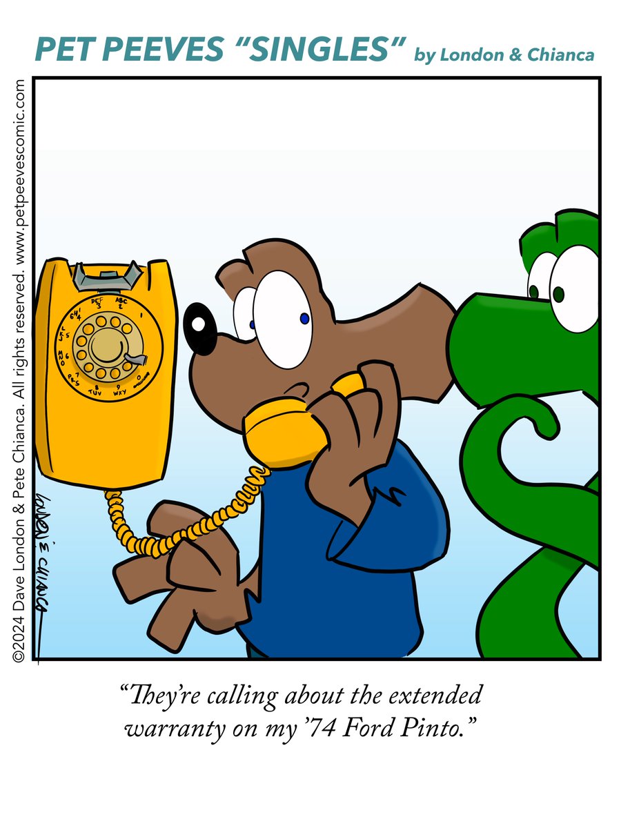 Pet Peeves Single, Jan. 28, 2024: Phone home. (Sign up to get Pet Peeves in your inbox at petpeevescomic.com/subscribe!) #phonecall #extendedwarranty #rotaryphone #comicstrip #humor