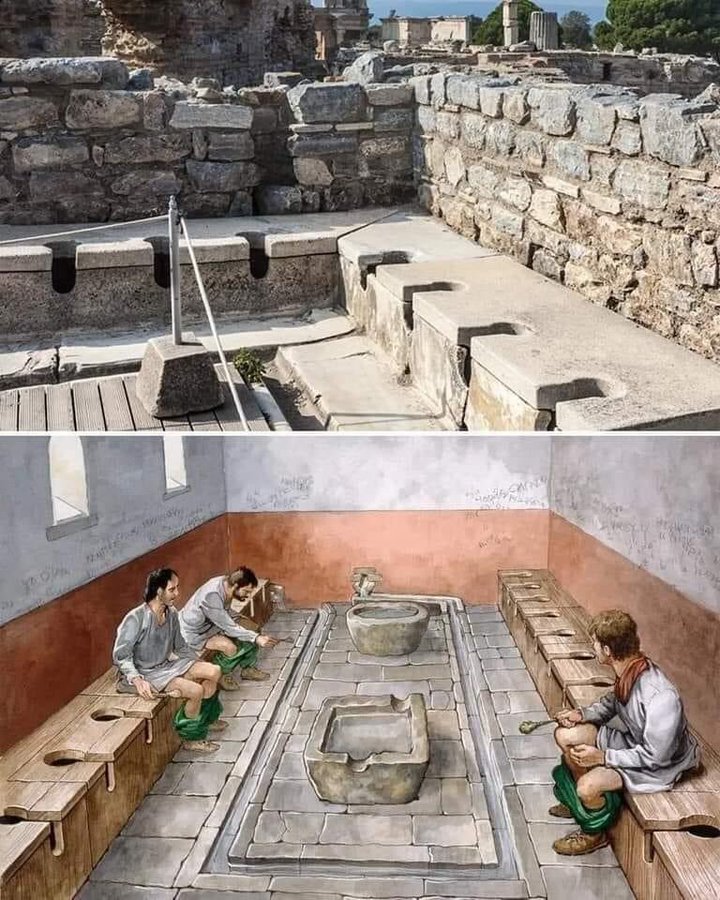 Roman public latrines looked much like their Greek predecessors: rooms lined with stone or wooden bench seats positioned over a sewer. A tool called a tersorium was “used to clean the buttocks after defecation.” Imagine a loofah, but made of fresh sea sponge, attached to a